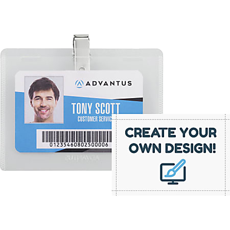 Advantus DIY Clip-style Name Badge Kit - Support 4" x 3" Media - Horizontal - Plastic - 50 / Box - White, Clear