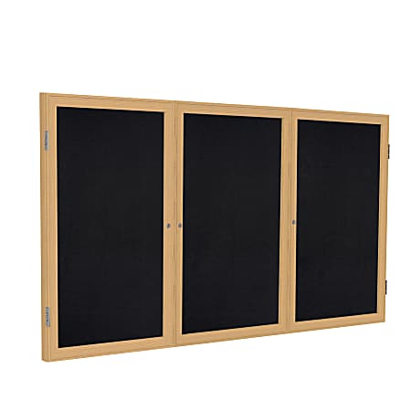 Ghent 3-Door Enclosed Recycled Rubber Bulletin Board, 48" x 96", Black Oak Finish Wood Frame