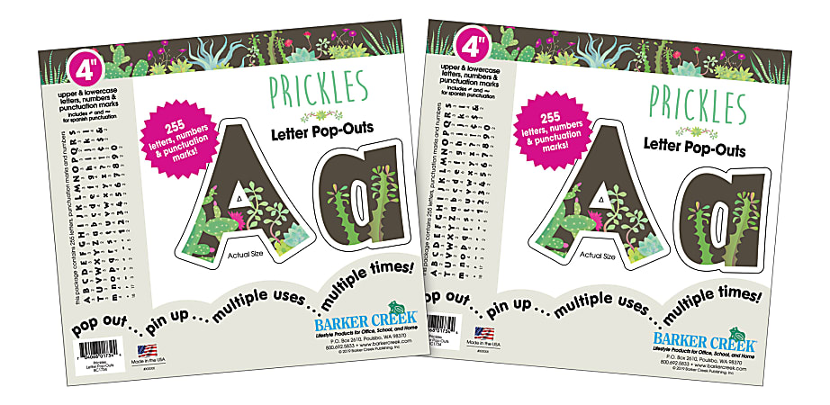 Barker Creek Letter Pop-Outs, 4", Prickles, 255 Characters Per Pack, Set Of 2 Packs