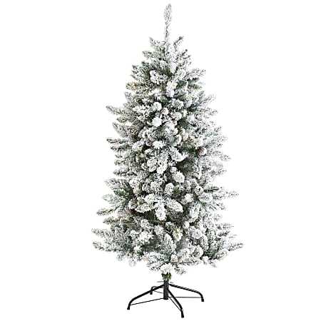 Nearly Natural Flocked Livingston Fir 60”H Artificial Christmas Tree With Pine Cones And Bendable Branches, 60”H x 34”W x 34”D, Green