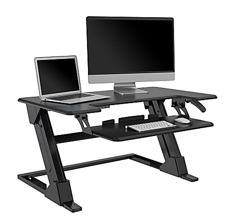 Realspace® Standing Desk Riser With USB And Keyboard Tray, 19-3/10"H x 35-2/5"W x 23-1/5"D, Black
