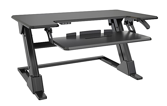 Realspace P20 Standing Desk Converter With USB And Keyboard Tray 19 310 H x  35 25 W x 23 15 D Black - Office Depot