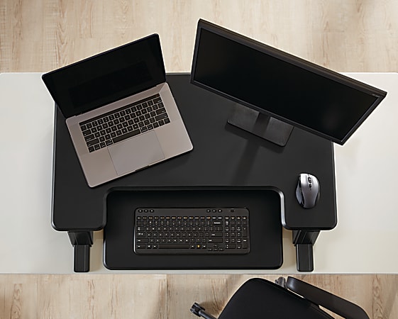 Realspace P20 Standing Desk Converter With USB And Keyboard Tray 19 310 H x 35 25 W x 23 15 D Black Office Depot