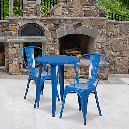 Flash Furniture Round Metal Indoor-Outdoor Table Set With 2 Café Chairs, 29" x 24", Blue