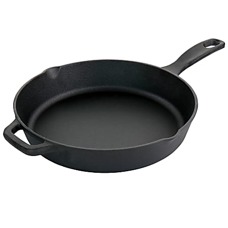Oster Castaway Cast Iron Round Frying Pan With Dual Spouts, 12”, Black