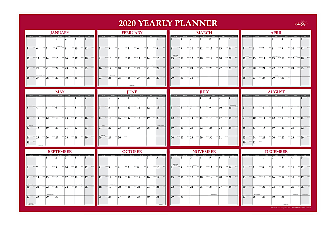Blue Sky™ Jumbo Laminated Dry-Erase Yearly Wall Calendar, 32" x 48", Multicolor, January To December 2020, 100034