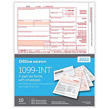 Office Depot® Brand 1099-INT Laser Tax Forms And Envelopes, 4-Part, 2-Up, 8-1/2" x 11", Pack Of 10 Form Sets