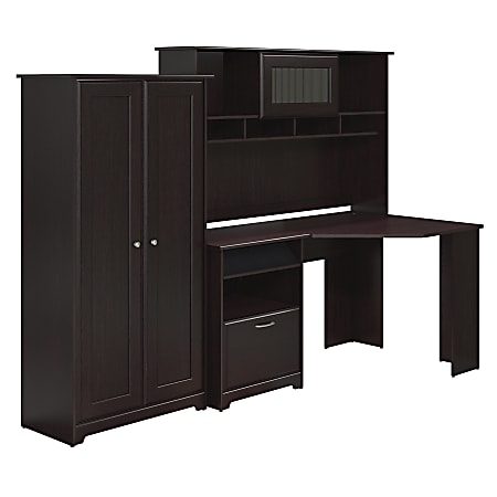 Bush Furniture Cabot 60"W Corner Desk With Hutch And Tall Storage Cabinet With Doors, Espresso Oak, Standard Delivery