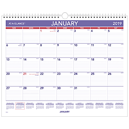 AT-A-GLANCE® Monthly Wall Calendar, 15" x 12", January To December 2019
