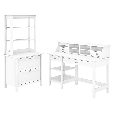 Bush Furniture Broadview 54"W Computer Desk With Shelves, Desktop Organizer, Lateral File Cabinet And Hutch, Pure White, Standard Delivery