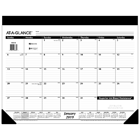 AT-A-GLANCE® Refillable Monthly Desk Pad, 21 3/4" x 17", January To December 2019