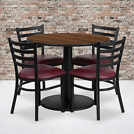 Flash Furniture Round Laminate Table Set With Round Base And 4 Ladder-Back Metal Chairs, 30"H x 36"W x 36"D, Walnut/Burgundy