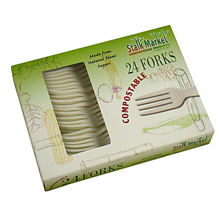 StalkMarket Compostable Cutlery Forks, 6-1/2", White, 24 Forks Per Pack, Box Of 24 Packs