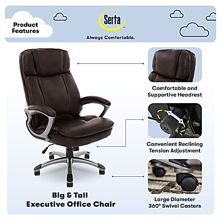 Serta® Big And Tall Ergonomic Bonded Leather High-Back Office Chair, Old  Chestnut/Silver