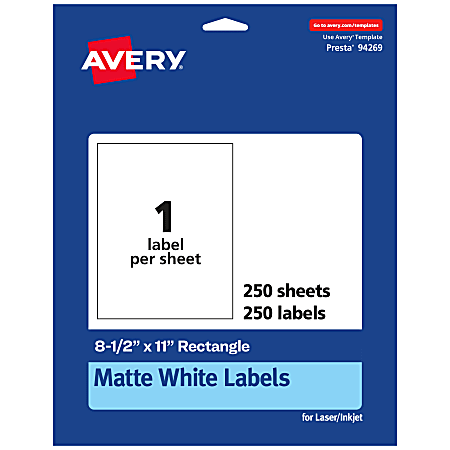 Avery® Permanent Labels, 94269-WMP250, Rectangle, 8-1/2" x 11", White, Pack Of 250