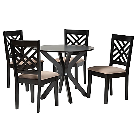 Baxton Studio Norah Fabric And Finished Wood 5-Piece Dining Set, 30”H x 34-5/16”W x 34-5/16”D, Sand/Dark Brown