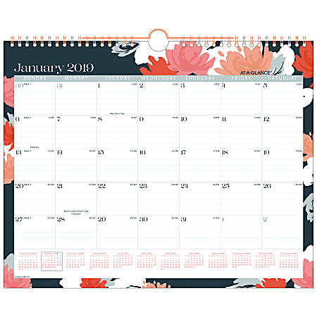 AT-A-GLANCE® Monthly Wall Calendar, 14 7/8" x 11 7/8", Badge Floral, January 2019 to December 2019