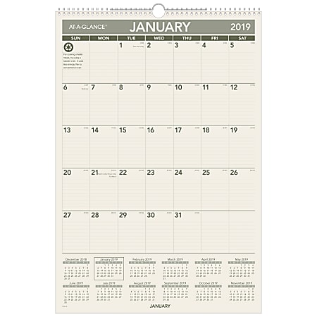 AT-A-GLANCE® Recycled Monthly Wall Calendar, 15 1/2" x 22 3/4", 100% Recycled, January To December 2019
