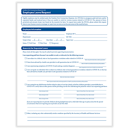 ComplyRight FFCRA Leave Request Forms, 8-1/2" x 11", Pack Of 50 Forms