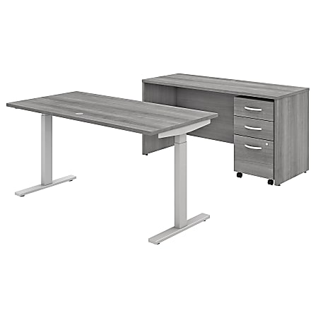 Bush Business Furniture Studio C Electric 60"W x 30"D Height-Adjustable Standing Desk, Credenza And Mobile File Cabinet, Platinum Gray, Standard Delivery