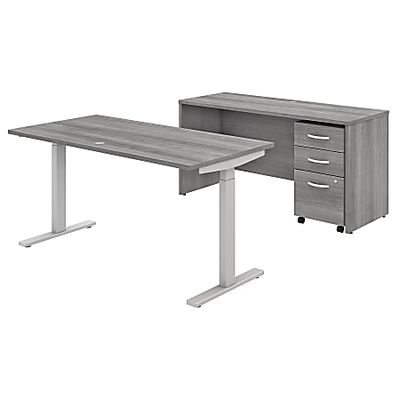Bush Business Furniture Studio C Electric 60"W x 30"D-Adjustable Standing Desk, Credenza And Mobile File Cabinet, Platinum Gray, Standard Delivery