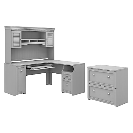 Bush Business Furniture Fairview 60"W L-Shaped Corner Desk With Hutch And Lateral File Cabinet, Cape Cod Gray, Standard Delivery