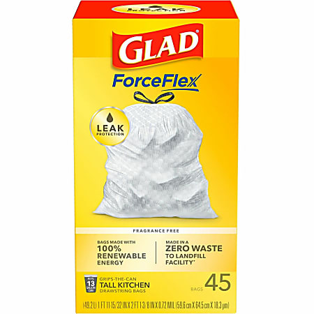 Glad ForceFlex Tall Kitchen Drawstring Trash Bags, 13 gal Capacity, 24"x 27", 1 mil (25 Micron) Thickness, 45 Count - 78362