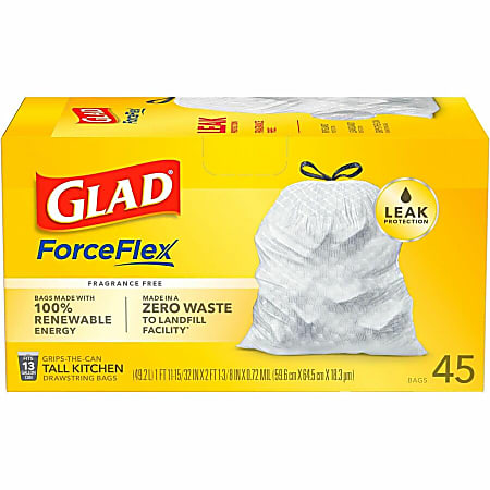 Glad ForceFlex Tall Kitchen Drawstring Trash Bags - 13 gal Capacity - 24  Width x 27 Length - 1 mil (25 Micron) Thickness - Drawstring Closure -  White - Plastic - 6/Carton - 45 Per Box - Breakroom, School, Waste  Disposal, Restaurant, Office, Kitchen