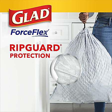 Glad ForceFlex Tall Kitchen Drawstring Trash Bags 13 gal Capacity 24 Width x 27 Length 1 mil 25 Micron Thickness Drawstring Closure White Plastic 45Box Kitchen School Office Restaurant Breakroom Waste Disposal - Office Depot