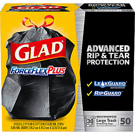 Glad ForceFlexPlus Drawstring Large Trash Bags, Large Size, 30 gal, 0.90 mil (23 Micron) Thickness, 50 Count - 78997