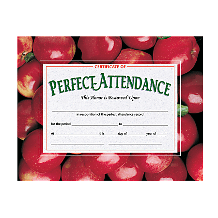 Hayes Publishing Perfect Attendance Certificates, Apples, 8 1/2" x 11", Multicolor, Pack Of 30