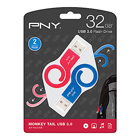 PNY Monkey Tail Turbo USB 3.0 Flash Drives, 32GB, Blue/Red, Pack Of 2 Flash Drives, P-FDU32GX2TBMNK-GE