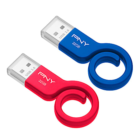 PNY Monkey Tail Turbo USB 3.0 Flash Drives 32GB BlueRed Pack Of 2