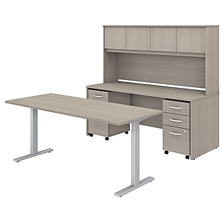 Bush Business Furniture Studio C 72"W x 30"D Height-Adjustable Standing Desk, Credenza With Hutch And Mobile File Cabinets, Sand Oak, Standard Delivery