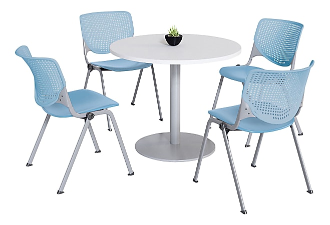 KFI Studios KOOL Round Pedestal Table With 4 Stacking Chairs, White/Sky Blue