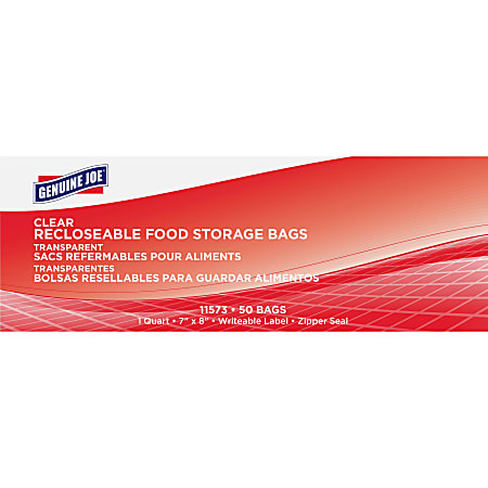 Genuine Joe Food Storage Bags - 1 quart Capacity - 7"x 8"x1.75 mil (44 Micron) Thickness - Clear - Food, Beef, Seafood, Poultry, Vegetables - 50/Box