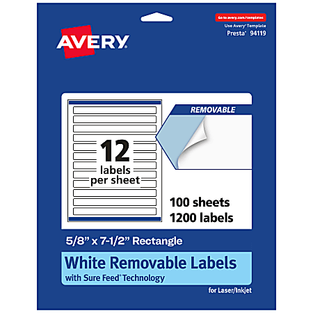 Avery® Removable Labels With Sure Feed®, 94119-RMP100, Rectangle, 5/8" x 7-1/2", White, Pack Of 1,200 Labels