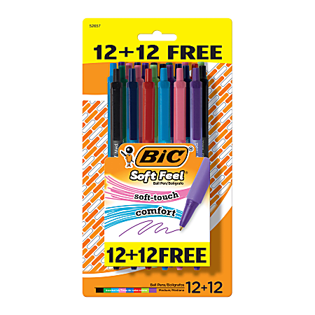 BIC® Soft Feel® Retractable Ballpoint Pens, Medium Point, 1.0 mm, Assorted Barrel Colors, Assorted Fashion Ink Colors, Pack Of 24 Pens