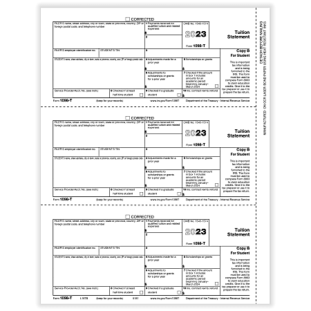 ComplyRight® 1098-T Tax Forms, 3-Up, Student Copy B, Laser, 8-1/2" x 11", White, Pack Of 150 Forms