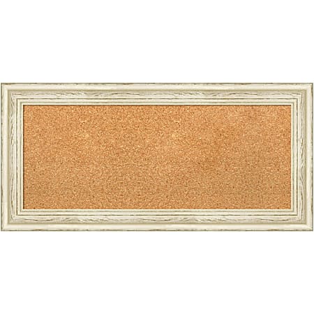 Amanti Art Rectangular Non-Magnetic Cork Bulletin Board, Natural, 34” x 16”, Country White Wash Wood Frame