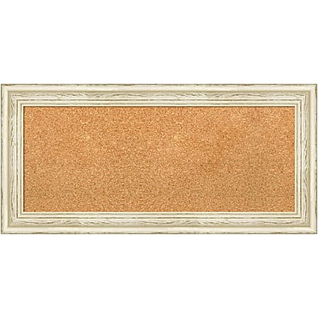 Amanti Art Rectangular Non-Magnetic Cork Bulletin Board, Natural, 34” x 16”, Country White Wash Wood Frame