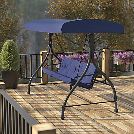 Flash Furniture Tellis Steel 3-Seat Converting Outdoor Canopy Swing/Bed, Navy/Black