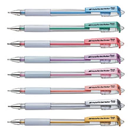Pentel® Hybrid® Metallic Gel Rollerball Pens, Broad Point, 1.6 mm, Clear Barrel, Assorted Ink Colors, Pack Of 8