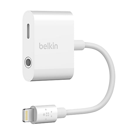 Belkin® Audio + Charge RockStar 3.5 mm Adapter For Lightning-Enabled Devices, 5.7"H x 2.1"W x 5.7"D, White, F8J212BTWHT