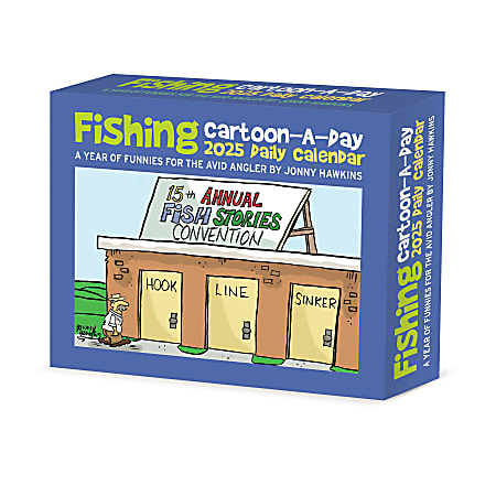 2025 Willow Creek Press Daily Desk Box Calendar, Humor & Comics, 5-1/2” x 6-1/4”, Fishing Cartoon-A-Day by Jonny Hawkins, January To December, 40836