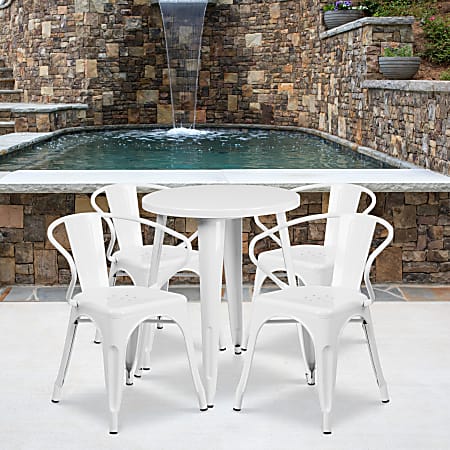 Flash Furniture Commercial-Grade Round Metal Indoor/Outdoor Table Set With 4 Arm Chairs, White