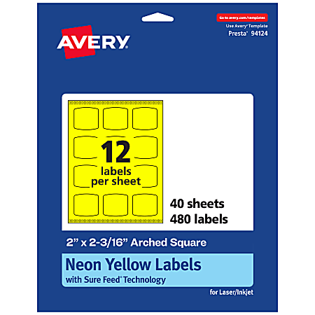 Avery® Print-To-The-Edge Labels With Sure Feed® Technology, 94124-NYP40, Arched Square, 2" x 2-3/16", Matte Neon Yellow, Pack of 480