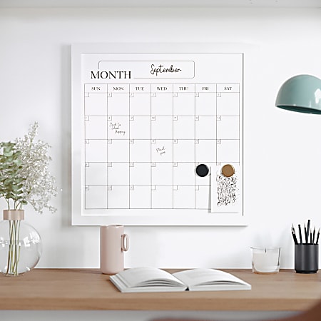 Martha Stewart Everette Magnetic Monthly Calendar Dry-Erase Board, 18" x 18", White Wood Grain