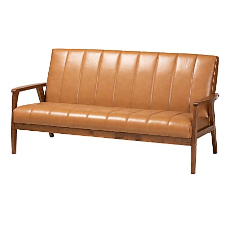 Baxton Studio Nikko Faux Leather Sofa, Tan/Walnut Brown