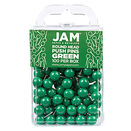 JAM Paper® Colorful Push Pins, 1/2", Green, Pack Of 100 Push Pins